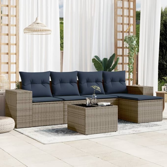 vidaXL - 6-delige - tuinbankset - met - kussens, - grijs - polyrotan