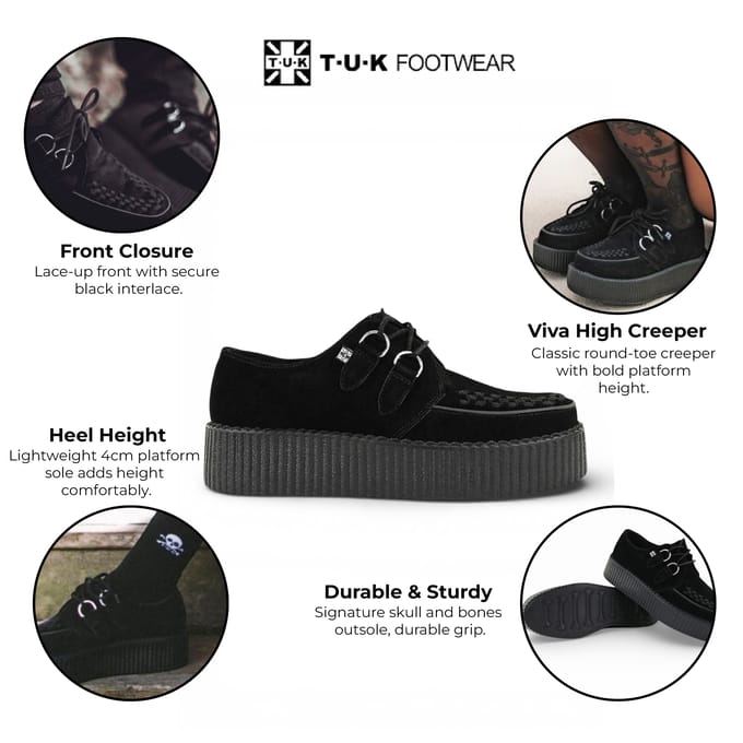 TUK Viva High Creeper Zwarte Suède Platform Veterschoenen Goth - AV6802