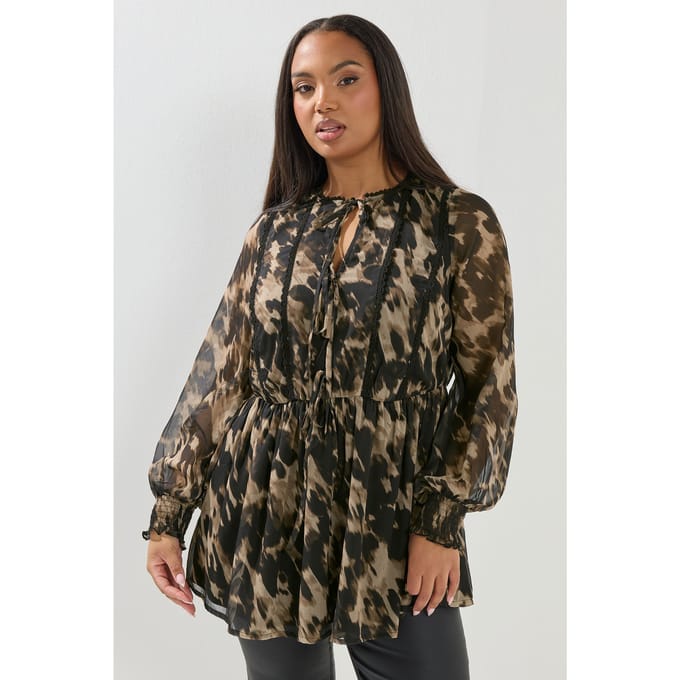 Yours Zwarte Blouse Met Luipaardprint En Strik Aan De Voorkant Size 44