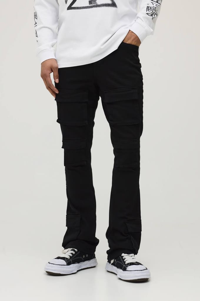 Skinny Gestapelde Flare Multi Cargo Broek | Black | Size 32