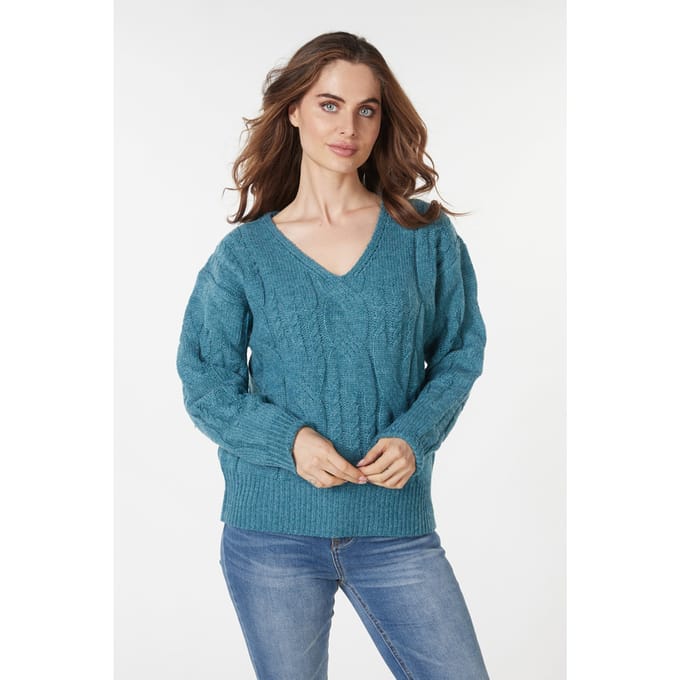 EsQualo Sweater Cables V-neck Galaxy Blue Taglia: S | Maglioni a maglia Outlet | Donna | Blu