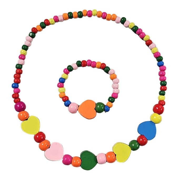 Fako Bijoux® - Kinderketting en Armband - Hout - Hartjes & Bolletjes