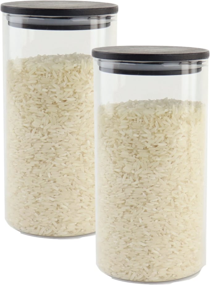 OTIX Voorraadpot - Glas - met Deksel - Set van 2 - 800ml - Zwart - Hout - SERENITY