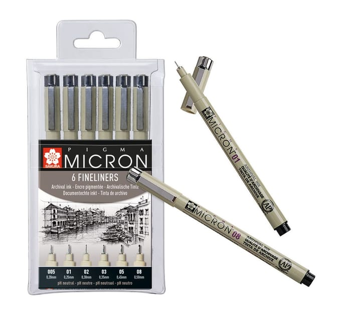 Fineliner Sakura Pigma Micron set à 6 schrijfbreedtes zwart
