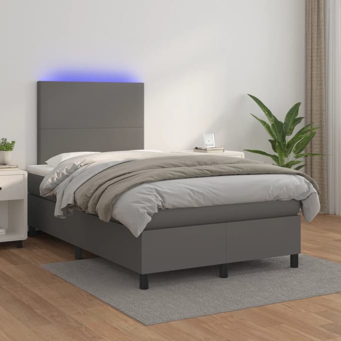 vidaXL - Boxspring - met - matras - en - LED - kunstleer - grijs - 120x200 - cm