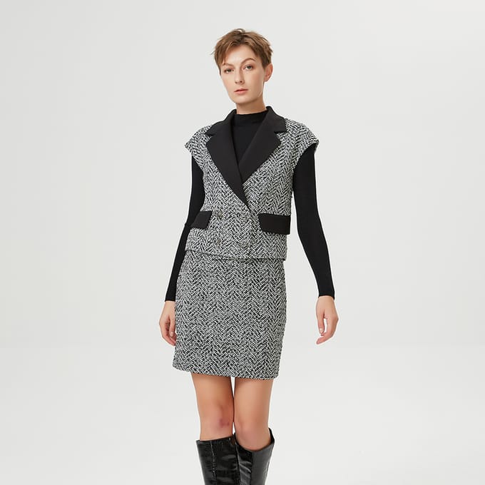 Tweedvest met contrasterende kraag