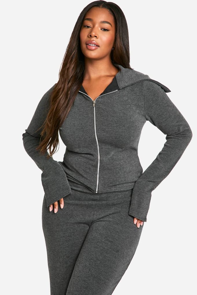 boohoo Dames Plus Two Tone Zip Top & Trouser Lounge Set | Grey | Maat: 16