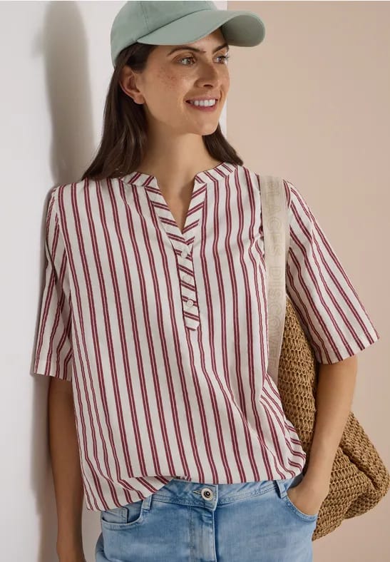 Blouse met halflange mouwen, split in de hals en strepen