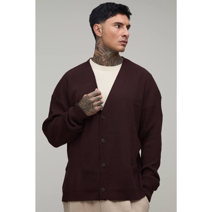 Lang Relaxed Geribbeld Gebreid Vest | Brown | Size Large