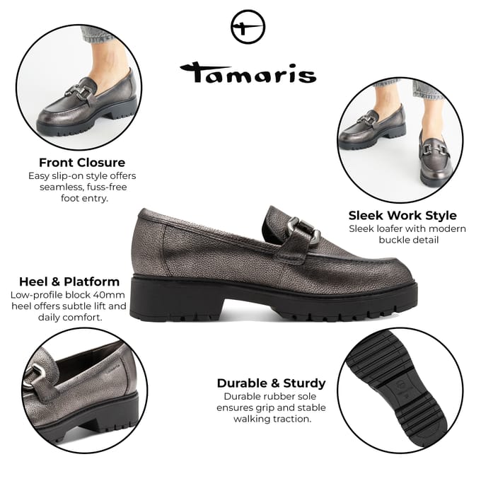Tamaris Dames Pewter Zilveren Leren Loafers Slip-On Platform Schoenen