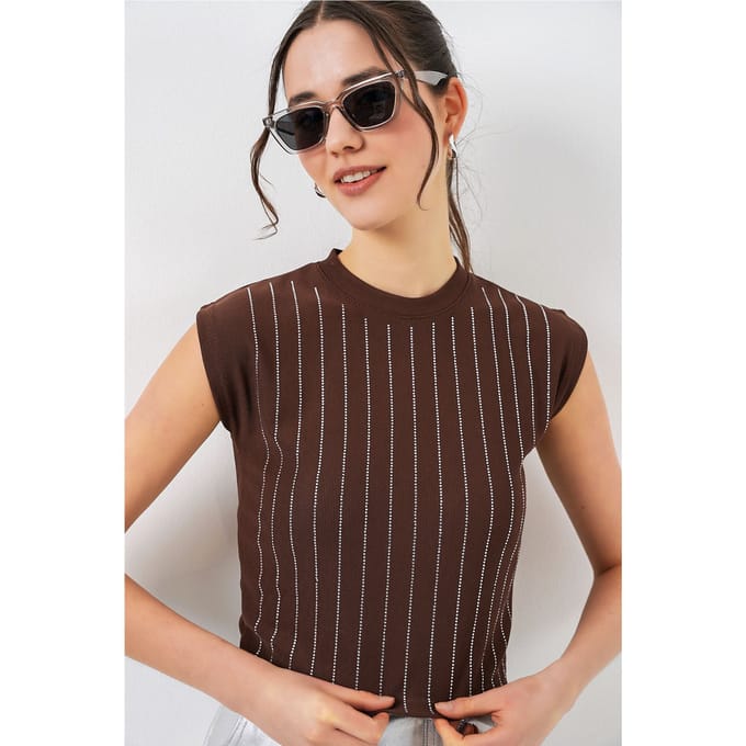 Kraagloze Slim Fit Versierde Blouse