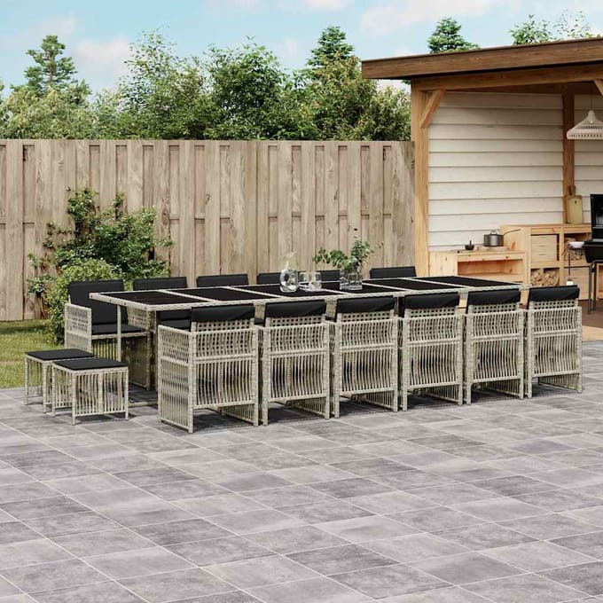 vidaXL - 17-delige - Tuinset - met - kussens - poly - rattan - lichtgrijs