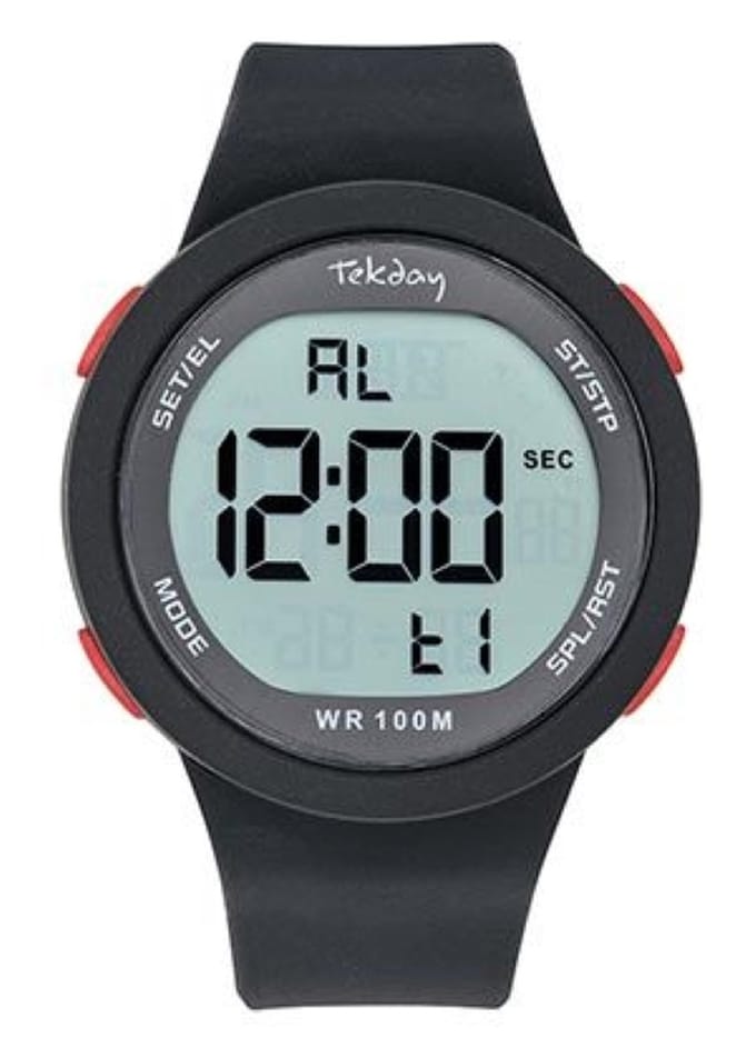 Tekday-Digitaal-Alarm-Timer-Chrono-EL-Datum-10ATM-Zwarte silicone band-45MM