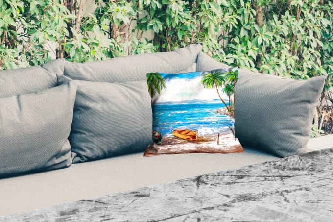 Tuinkussen - Schilderij - Olieverf - Strand - Palmboom - Boot - 40x40 cm - Weerbestendig
