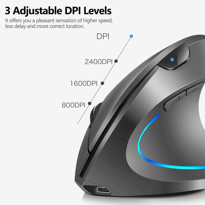 Souris verticale sans fil double mode 2.4G BT, Rechargeable, streamer RGB, 3 niveaux DPI réglables