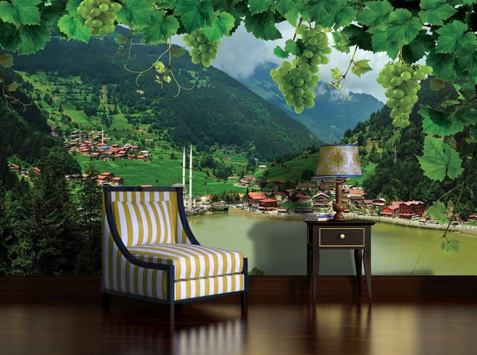 Lake Mountains Grapes Nature Photo Wallcovering