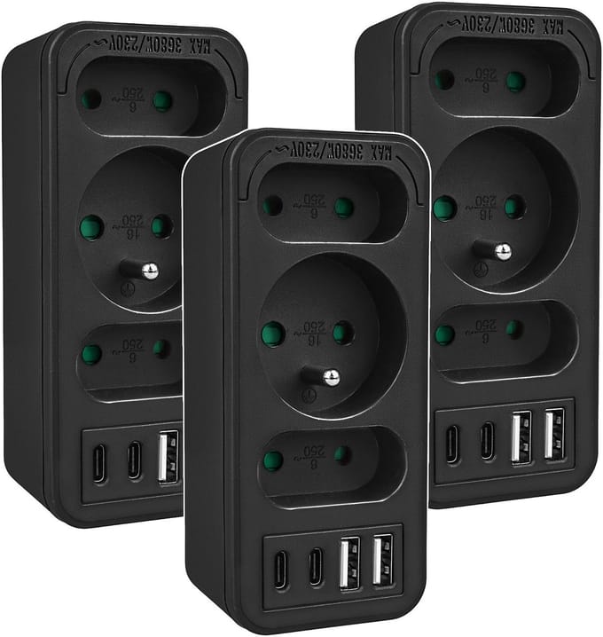 Maclean MCE248 F/B - Set van 3 stuks Stekker - 3-voudige splitter 2x USB-A 2x USB-C - Zwart