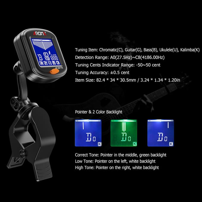 AROMA Clip-on Tuner Mini draagbaar digitaal stemapparaat Multifunctioneel LCD-scherm Roterende clip zwart