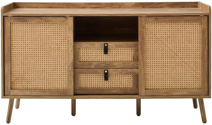 CALICOSY - Dressoir met 2 deuren en 2 lades met rotan fronten L140 cm - PALMO
