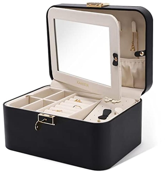 Dubbel Laags Leren Sieraden Organizer met Spiegel en Verwijderbare Scheidingswanden