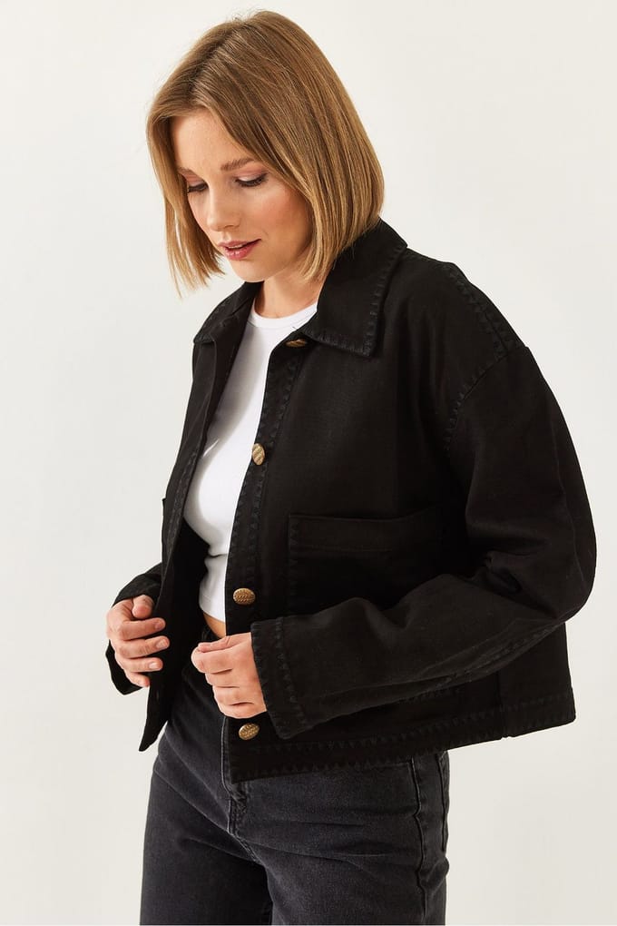 Geborduurde Korte Woven Jacket met Hemdenkraag