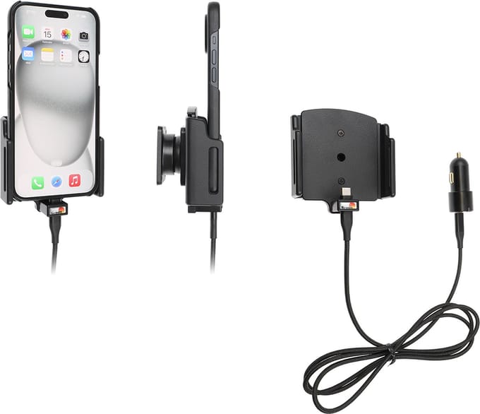 Brodit houder geschikt voor Apple iPhone 15 Plus / 15 Pro MAX , Actieve verstelbare houder met 12V USB SIG-Plug 70-83mm
