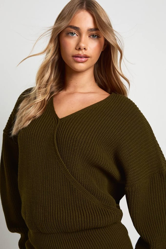 boohoo Dames Gebreide mini-jurk met wikkelvoorkant | Khaki | Maat: Small