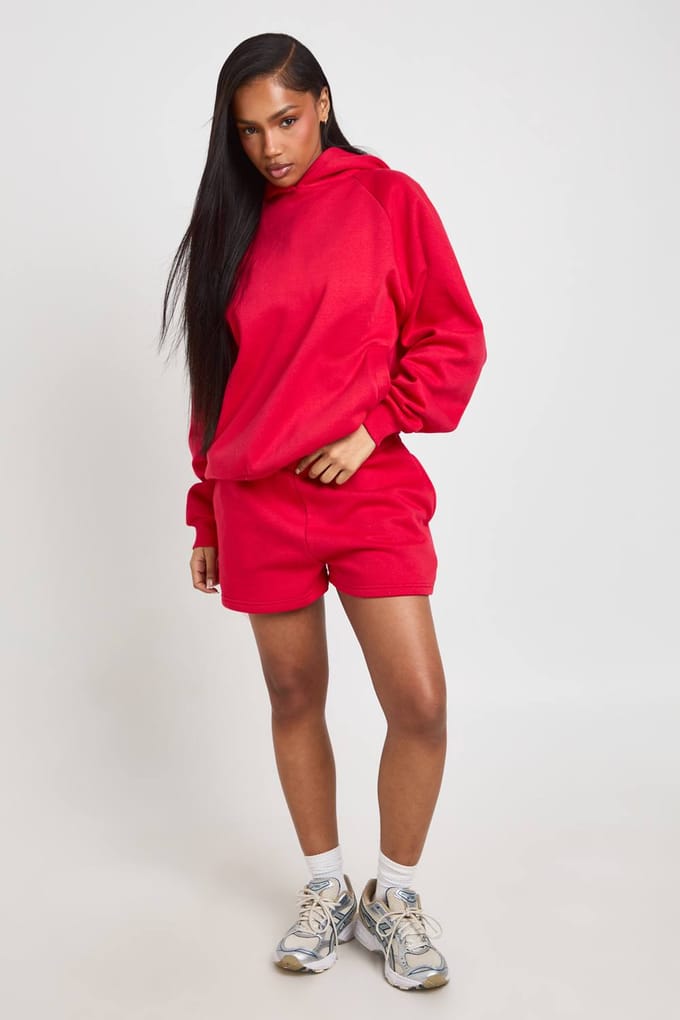 boohoo Dames Sweatshort Met Hoge Taille En Interne Trekkoord | Rood | Maat: Medium