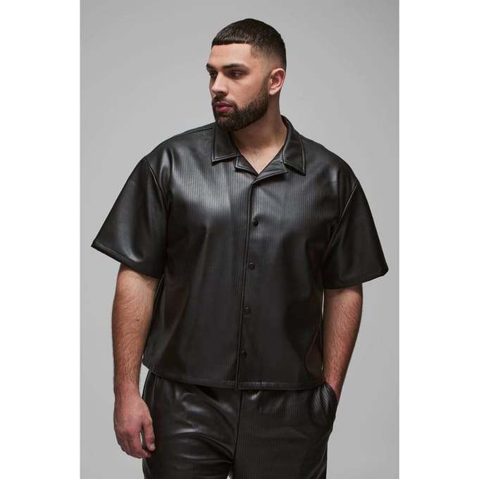 Plus Geplooide PU Boxy Oversized Shirt | Black | Size 2XL
