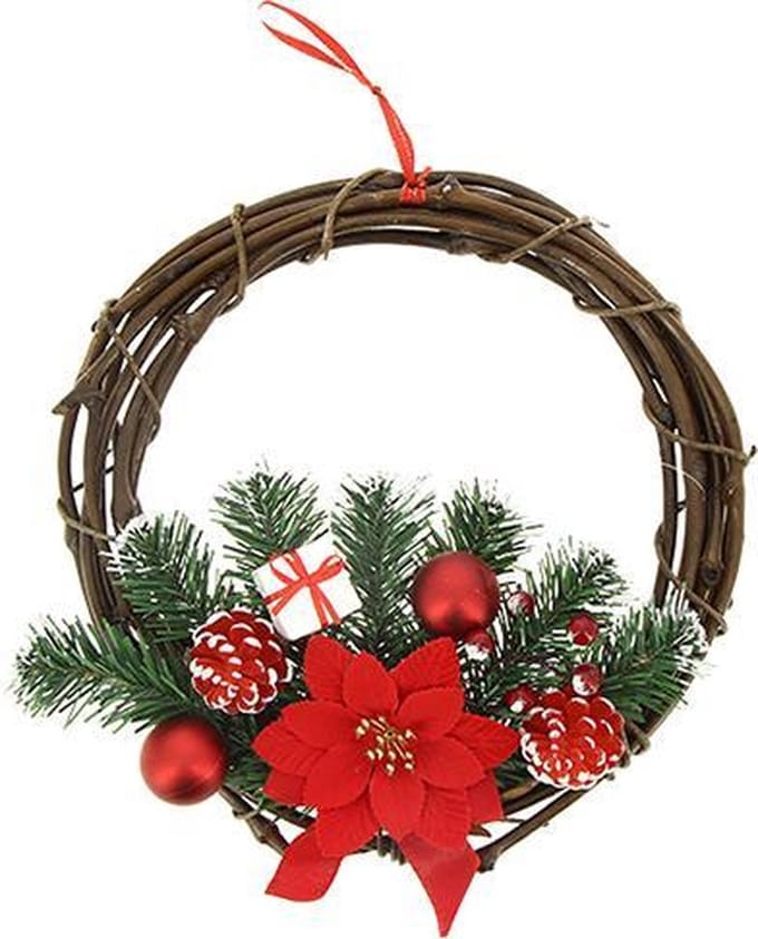 Houten kerstkrans met rode 30cm knoop - Plastic - Rood - SILUMEN