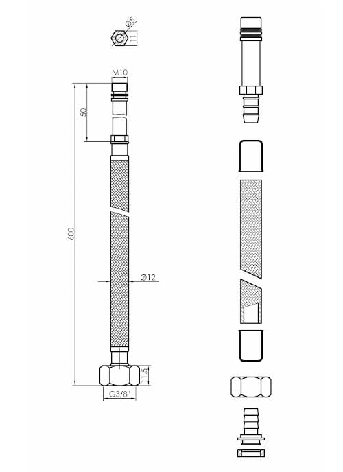 Tycner Series - Flexibele Waterleiding - 60cm - Zwart - Messing - 3/8"x10mm