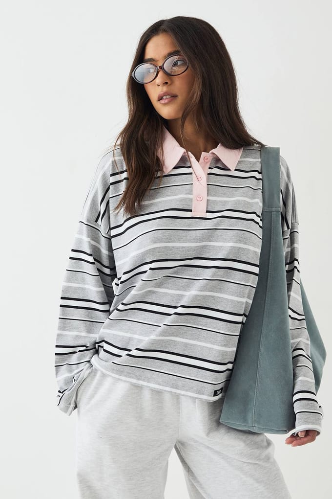 Dames DSGN Studio Gestreepte Rugby Top met Kraag | Grijze Mergel | Maat: Medium