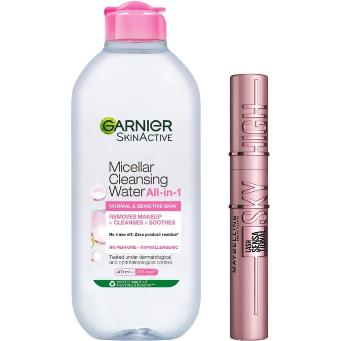 Maybelline Lash Sensational Sky High Mascara Black + Garnier Micellar Cleansing Water Normal &amp; Sensitive Skin 7,2 ml + 400 ml