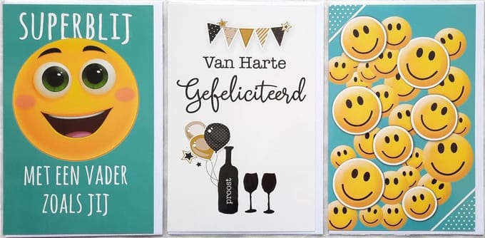 3 Wenskaarten - Vaderdag + Van harte Gefeliciteerd + Blanco Kaart met Smiley’s - 12 x 17 cm – VAD-302