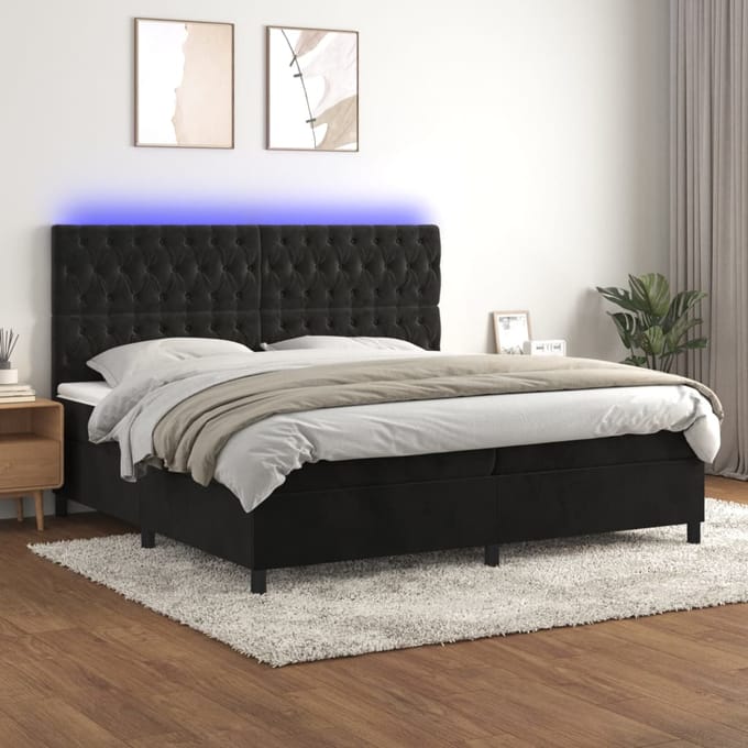 vidaXL - Boxspring - met - matras - en - LED - fluweel - zwart - 200x200 - cm