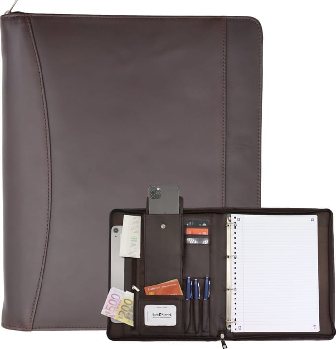Leren Schrijfmap A4 - Conferentiemap - Documentenmap a4- Tablethoes & Laptopsleeve - Uitneembare Ringband - Hunter Bruin