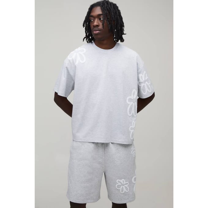 Oversized Boxy T-shirt & Wijde Short Set Met Bloemen Puff Print | Grey Marl | Size Medium