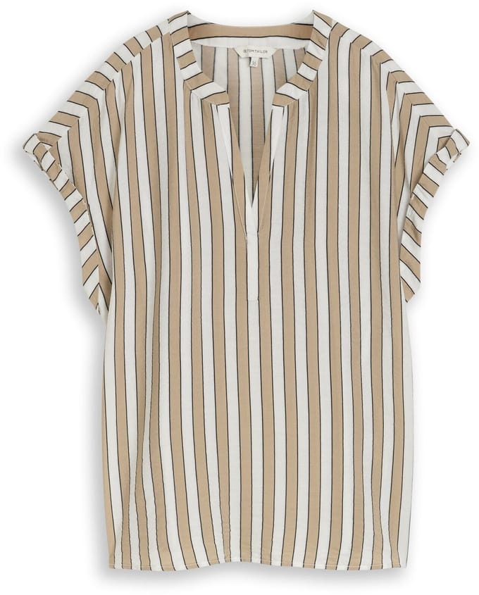 Tom Tailor - Losvallende blouse met V-hals - Maat 46 - olive white irregular stripe