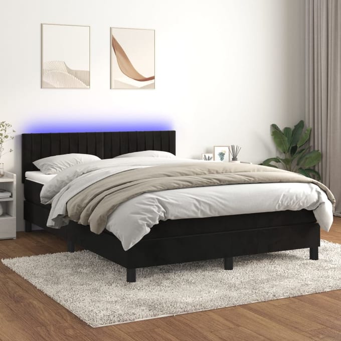 vidaXL - Boxspring - met - matras - en - LED - fluweel - zwart - 140x190 - cm