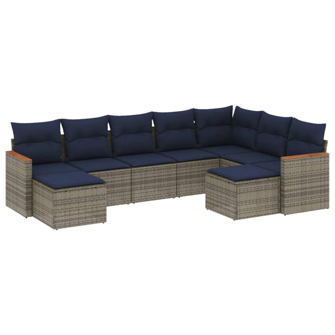 vidaXL - 9-delige - tuinbankset - met - kussens, - grijs - polyrotan