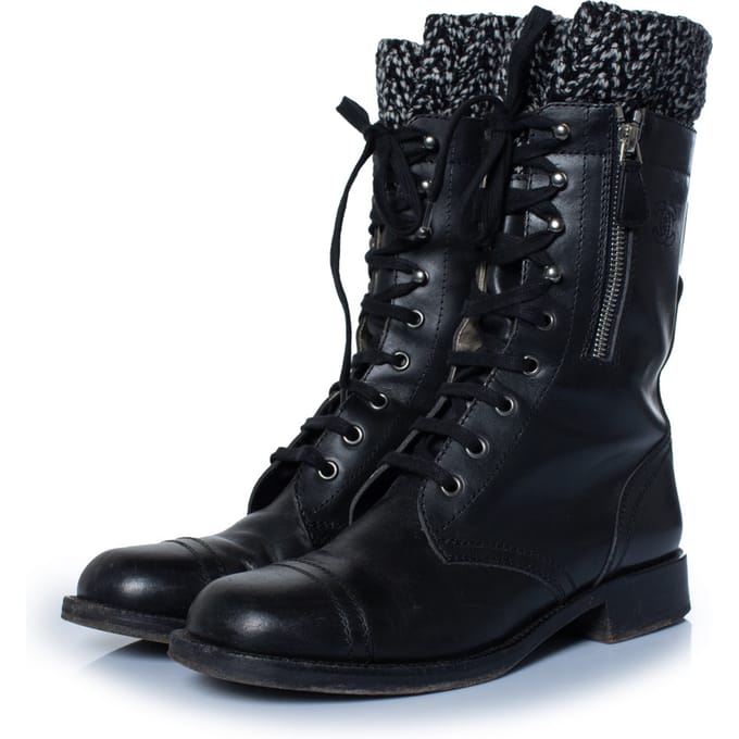 Chanel Zwarte leren cc tweed sok combat boots