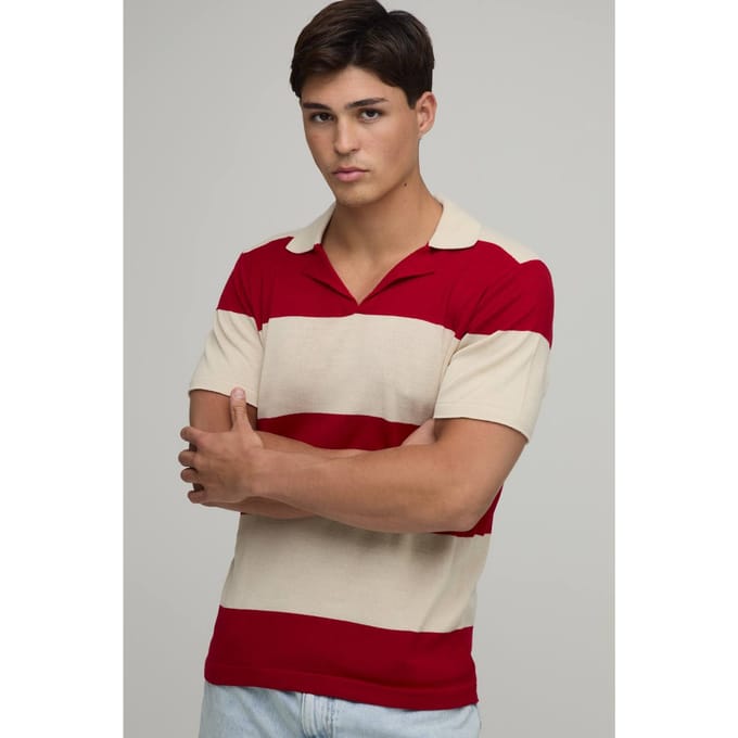 Regular Fit Revere Striped Knitted Polo T-Shirt | Red | Size Small