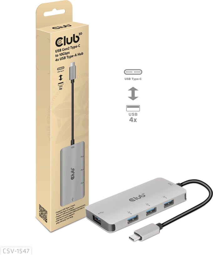 Club 3D CSV-1547 - hub - 4 poorten USB hub - 4 - USB 3.2 - Grijs