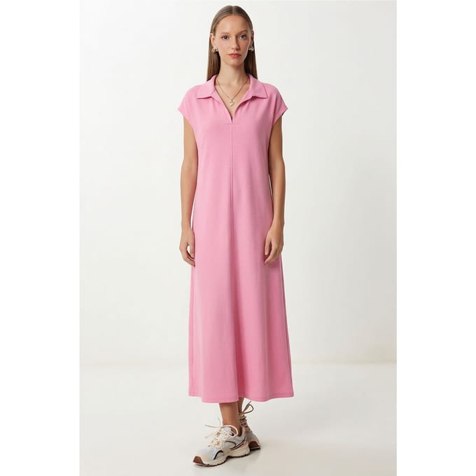Polo-Kraag Pull-On Midi Jurk met Zak