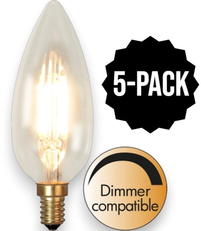 5-Pack | Kaarslamp - E14 - 3W - Super Warm Wit <2200K - Dimbaar - Filament - Helder