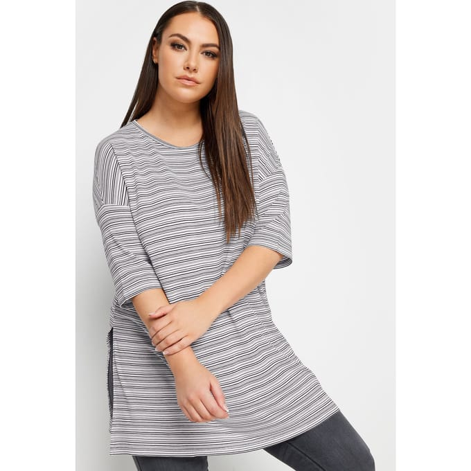 Yours Oversized Top Met Strepenprint En Halflange Mouwen In Wit/Zwart Size 44