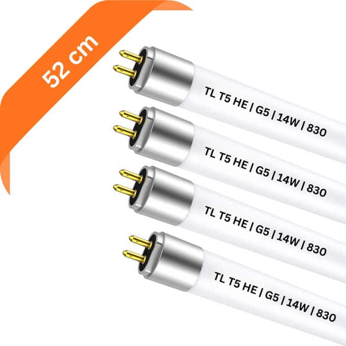 4x T5 TL buizen 52 cm – 830 Warm Wit 3000K – 13W – G5 fitting – Ø 1.6 cm