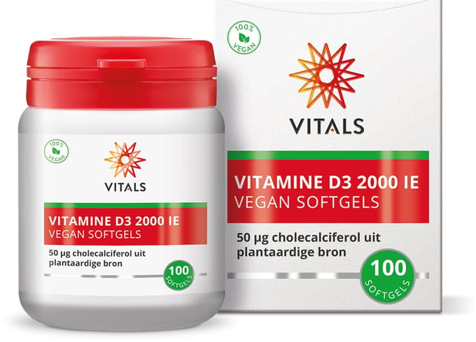 Vitals Vitamine D3 2000 IE - 100 vegan softgels. 50 mcg cholecalciferol uit plantaardige bron, ideale dagdosering.