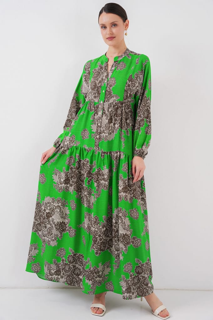 Geprinte V-hals Maxi-jurk met knoopsluiting
