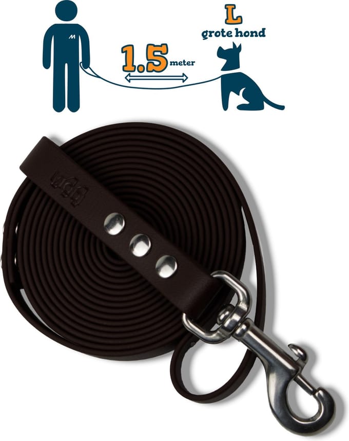 Miqdi hondenriem – BioThane® - donkerbruin – 1.5 meter lang – 19mm breed – L/XL - grote hond